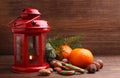 Christmas spirit: nuts, tangerines, Christmas tree, nuts, a flashlight Royalty Free Stock Photo