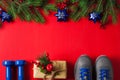 Christmas sport composition dumbbells sneakers branches concept