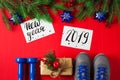 Christmas sport composition dumbbells sneakers new year 2019 let