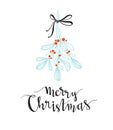 Christmas sprig of mistletoe with holiday lettering - Merry Christmas. Vector illustration for greeting cards, invitations.