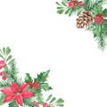 Christmas square frame, border with corner bouquets. Pine cone and branches, Holly plant with red berries, poinsettia Royalty Free Stock Photo