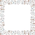 Christmas and Christmas square frame made of doodles. Snowflakes, gifts, bells, candy canes, Christmas balls, Christmas tree branc Royalty Free Stock Photo