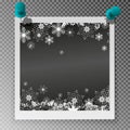 Christmas square photo frame with snow and shadow on transparent background. Photograph empty blank holiday celebration template.