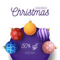 Christmas square promo banner. Holiday vector illustration with realistic ornate colorful Christmas balls on purple circle and Royalty Free Stock Photo