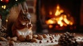 Christmas squirrel nibbling on nuts by a cozy fireplace . Royalty Free Stock Photo