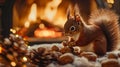 Christmas squirrel nibbling on nuts by a cozy fireplace . Royalty Free Stock Photo