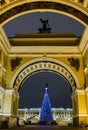 Christmas St. Petersburg. View of Palace Square through the arch of the General Staff bright night illumination Royalty Free Stock Photo