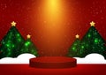 Christmas. Stage podium decorated with scene Christmas tree, white snow, snowfall, and light vivid.Pedestal scene with for product Royalty Free Stock Photo