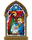 Christmas stained glass window in gothic frame