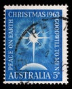 Christmas stamp printed in Australia shows Bright star, globe, inscription `Peace on earth`, `Goodwill to Men`