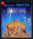 Christmas stamp printed in the Croatia shows Christmas Creche