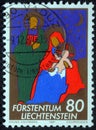 Christmas stamp printed in Liechtenstein shows Holy Family Royalty Free Stock Photo