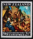 Christmas stamp printed in New Zealand shows birth of Jesus Christ, adoration of the Magi Royalty Free Stock Photo