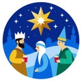 Christmas star on blue sky and three wise men. Christian illustration Royalty Free Stock Photo