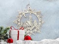 Christmas star with the image of the Church. New year concept. Christmas toy made of wood. Background blur Royalty Free Stock Photo