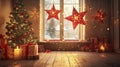 Christmas star lanterns hanging in a warm cozy room . Royalty Free Stock Photo