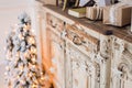 Christmas star and other decoration on ancient commode. Happy new year conception Royalty Free Stock Photo