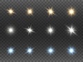 Christmas stars collection on transparent background. Sparkling color lights set. Bright shining beams. Abstract