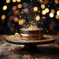 christmas sparkles golden stars lights and christmas candles, christmas cake, dark blurry background