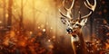 christmas forest deer, forest trees and night lights, blurry dark background