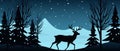 christmas forest deer, forest trees and night lights, blurry dark background