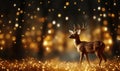 christmas forest deer, forest trees and night lights, blurry dark background