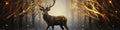 christmas forest deer, forest trees and night lights, blurry dark background