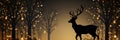 christmas forest deer, forest trees and night lights, blurry dark background