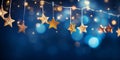 Christmas Stars Lights, Golden String Hanging In Blue Background With Abstract Defocused Bokeh 2 Royalty Free Stock Photo