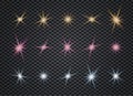 Christmas stars set on transparent background. Stardust wave is glittering. Collection of sparkling golden, blue, pink Royalty Free Stock Photo