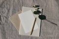 Christmas stationery. Blank greeting card, invitation and diary mockup template. Craft envelope, golden ball pen and