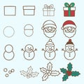 Christmas step by step drawing tutorial for gifts Santa face snowmen and holiday elements Royalty Free Stock Photo
