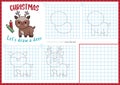 Christmas step by step drawing worksheet. How to draw a deer. Complete the picture by example activity. Vector winter holiday