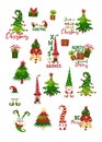 Christmas sticker set with gnomes, Christmas trees, elves, gift boxes isolated on white background Royalty Free Stock Photo