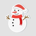 Christmas sticker. Snowman in a New Year hat and a red scarf. winter icon. Vector illustration. Royalty Free Stock Photo