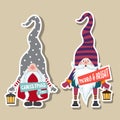 Christmas stickers collection with cute gnomes and wishes. Flat design Royalty Free Stock Photo