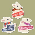 Christmas stickers collection with rabbits and wishes. Flat design. Vector Royalty Free Stock Photo
