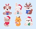Christmas stickers, cute animals illustration set. Funny cartoon characters on New Years holiday. Deer, puppy, kitten Royalty Free Stock Photo