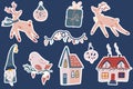 Christmas Stickers. Deer, cute houses, birds and Christmas tree toys. Hygge elements in Scandinavian style. Perfect for greeting