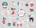 Christmas stickers with forest animals, decorative elements and lettering in scandinavian hand drawn style Royalty Free Stock Photo