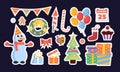 christmas stickers. new year xmas cartoon jingle party decorations badges stickers with white outlines, candie gift