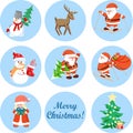 Christmas stickers Santa Claus, snowman, deer, Christmas tree, little girl