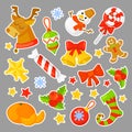 Christmas stickers Set Collection Vector. cartoon. New year traditional symbols. icons objects. Isolated Royalty Free Stock Photo