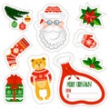 Christmas stickers set on white background. Santa Claus elements set.