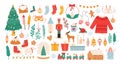 Christmas stickers. Winter holiday decorations, xmas tree, gift boxes, baubles, masks, candles and gingerbread man. New Year flat Royalty Free Stock Photo