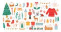 Christmas stickers. Winter holiday decorations, xmas tree, gift boxes, baubles, masks, candles and gingerbread man. New Royalty Free Stock Photo