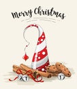 Christmas still-life, brown cookies, abstract christmas tree, cinnamon sticks and jingle bells on white background Royalty Free Stock Photo