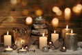 Christmas still life with candles and bokeh Royalty Free Stock Photo