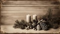 black and white A vintage Christmas with a wooden background and a pine cone border. The background is made of wood copy space Royalty Free Stock Photo