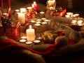 Christmas still life with candles of different size and shape, d Royalty Free Stock Photo